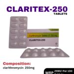 Claritex-250 Tablets 10x10 Alu Alu blister pack and box containing Clarithromycin 250 mg by Positive Medicare.