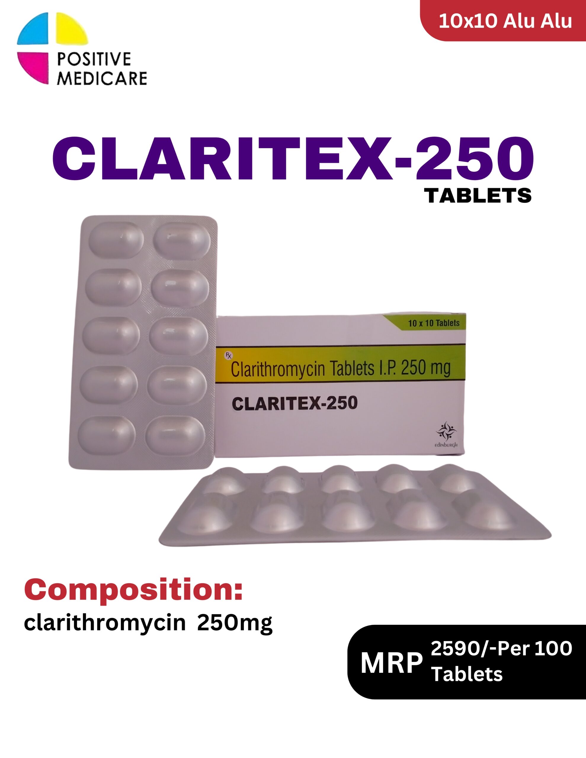 Claritex-250 Tablets 10x10 Alu Alu blister pack and box containing Clarithromycin 250 mg by Positive Medicare.
