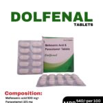 DOLFENAL Tablets 10x10 blister pack and box containing Mefenamic Acid 500 mg and Paracetamol 325 mg by Positive Medicare