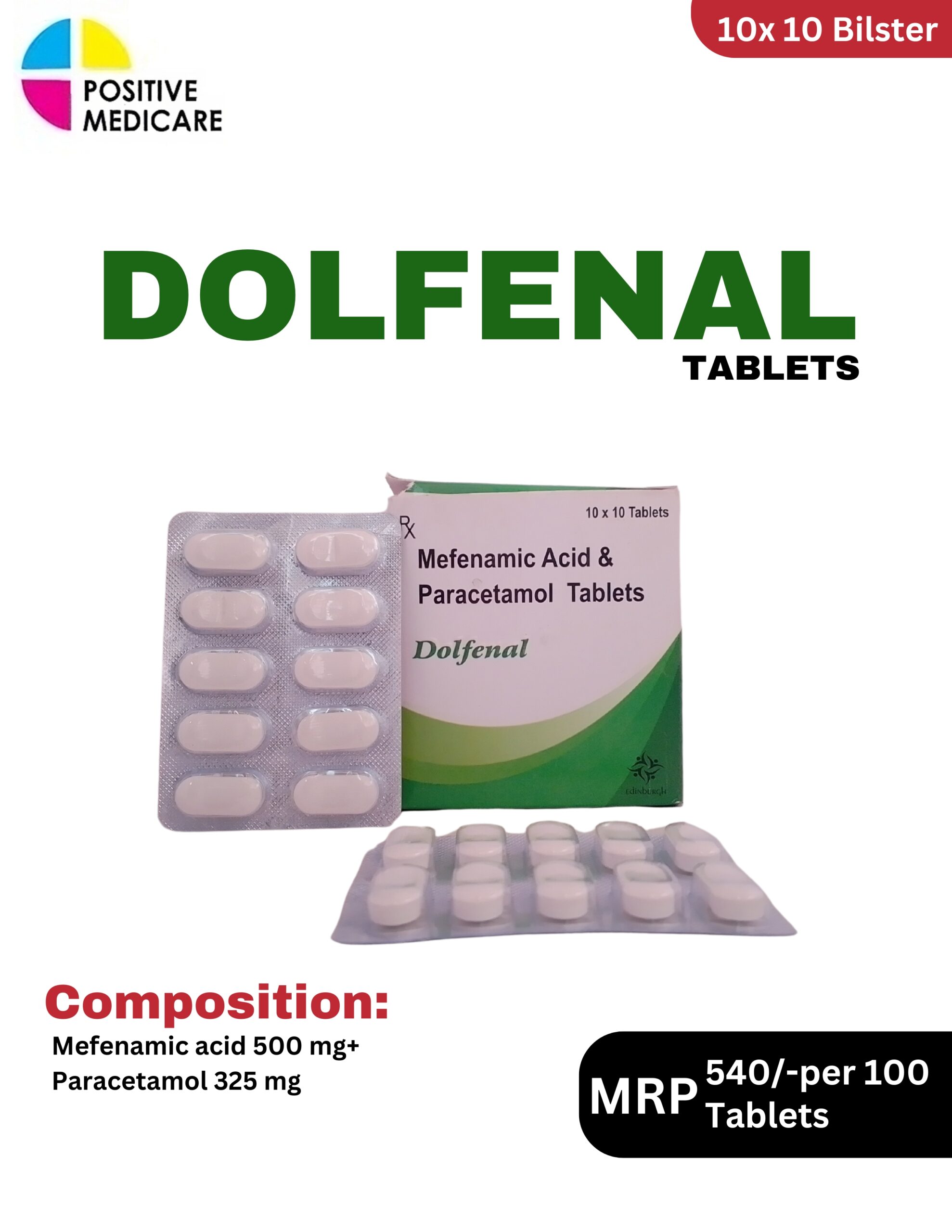 DOLFENAL Tablets 10x10 blister pack and box containing Mefenamic Acid 500 mg and Paracetamol 325 mg by Positive Medicare