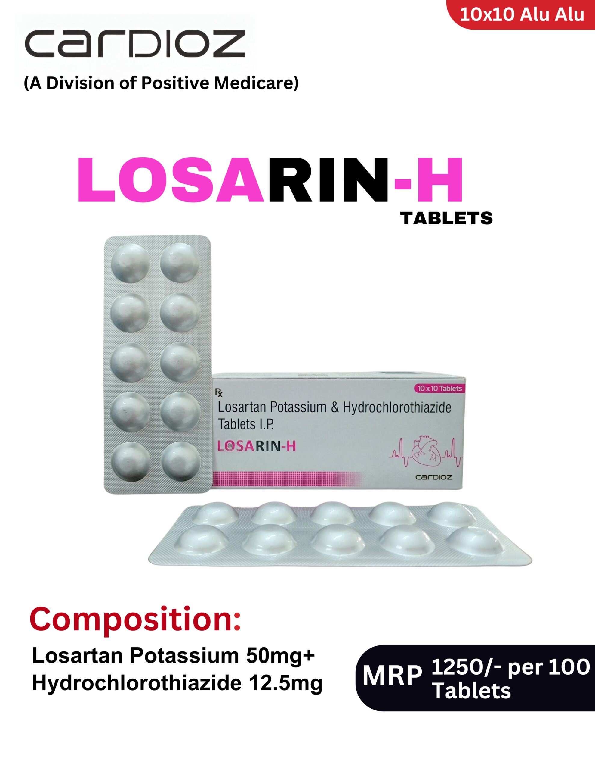 LOSARIN -H Tablets 10x10 Alu-Alu blister pack and box containing Losartan Potassium 50 mg and Hydrochlorothiazide 12.5 mg by Positive Medicare.