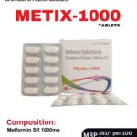 METIX-1000 Tablets 10x10 blister pack and box containing Metformin Hydrochloride Sustained Release Tablets I.P. 1000mg by Positive Medicare.
