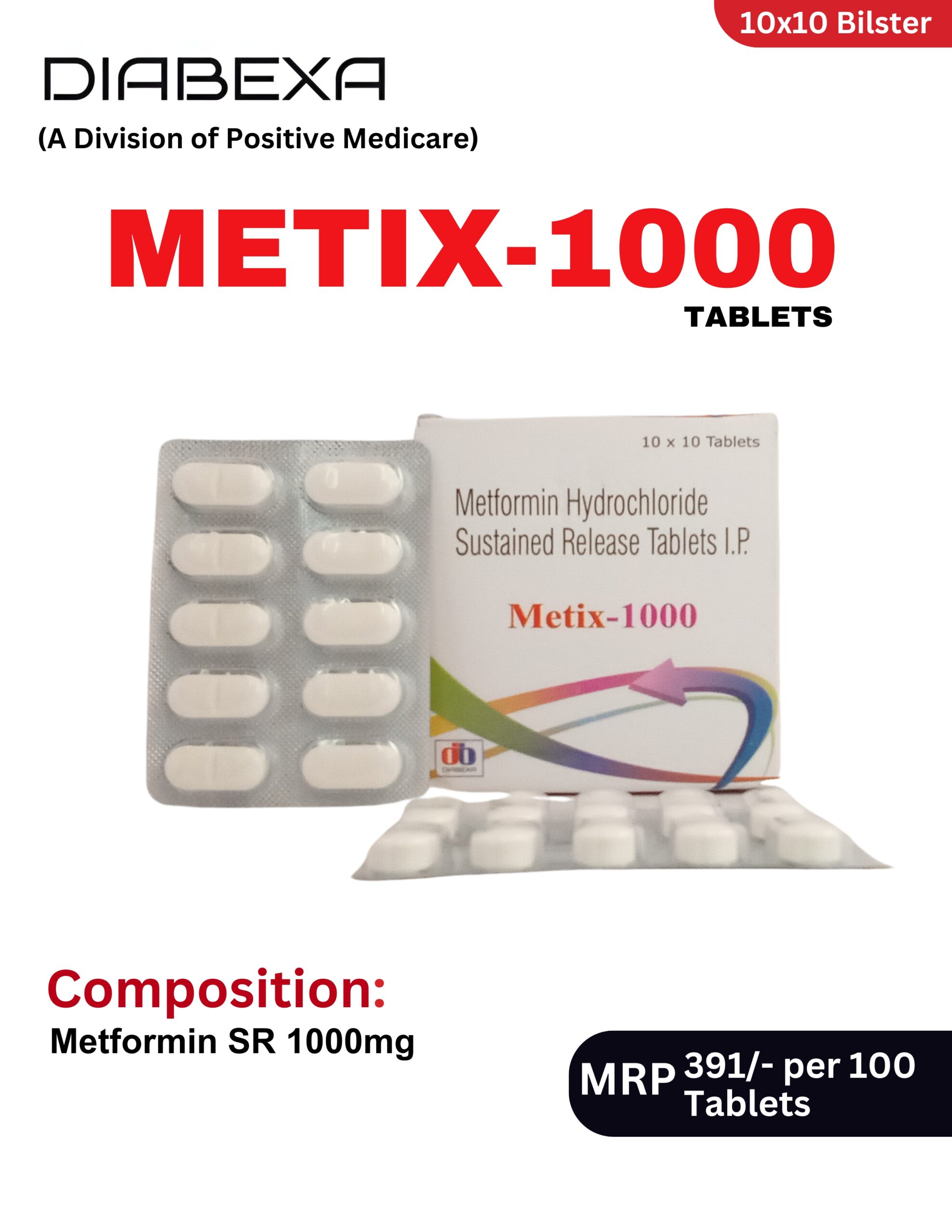 METIX-1000 Tablets 10x10 blister pack and box containing Metformin Hydrochloride Sustained Release Tablets I.P. 1000mg by Positive Medicare.