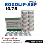 ROZOLIP-ASP 10/75 Capsules 10x10 Alu-Alu blister pack and box containing Rosuvastatin and Aspirin Gastro-resistant Capsules by Positive Medicare.
