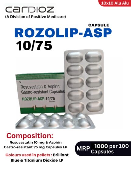 ROZOLIP-ASP 10/75 Capsules 10x10 Alu-Alu blister pack and box containing Rosuvastatin and Aspirin Gastro-resistant Capsules by Positive Medicare.
