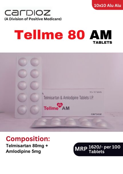 Tellme 80 AM Tablets 10x10 Alu-Alu blister pack and box containing Telmisartan and Amlodipine Tablets I.P. by Positive Medicare.
