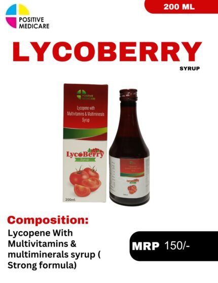 Lycoberry Syrup 200 mL bottle and packaging box containing Lycopene with Multivitamins & Multiminerals Syrup by Positive Medicare
