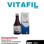 Vitafil Syrup 200 mL bottle and packaging box containing Multivitamins, Multiminerals & Antioxidants Syrup by Positive Medicare.