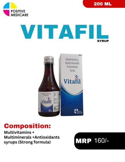 Vitafil Syrup 200 mL bottle and packaging box containing Multivitamins, Multiminerals & Antioxidants Syrup by Positive Medicare.