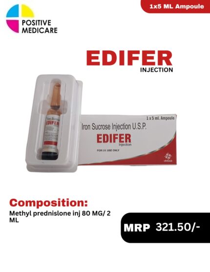 Edifer Injection 1 x 5 mL ampoule and packaging box containing Iron Sucrose Injection U.S.P. by Positive Medicare.