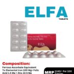Elfa Tablets 10x10 Alu Alu blister pack and box containing Ferrous Ascorbate, Folic Acid & Zinc Sulphate Tablets by Positive Medicare.
