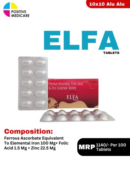 Elfa Tablets 10x10 Alu Alu blister pack and box containing Ferrous Ascorbate, Folic Acid & Zinc Sulphate Tablets by Positive Medicare.