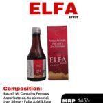 Elfa Syrup 200 mL bottle and packaging box containing Ferrous Ascorbate, Folic Acid & Zinc Suspension by Positive Medicare.