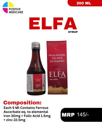 Elfa Syrup 200 mL bottle and packaging box containing Ferrous Ascorbate, Folic Acid & Zinc Suspension by Positive Medicare.
