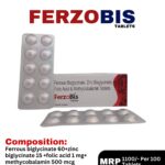 Ferzobis Tablets 10x10 Alu Alu blister pack and box containing Ferrous Biglycinate, Zinc Biglycinate, Folic Acid & Methylcobalamin Tablets by Positive Medicare.