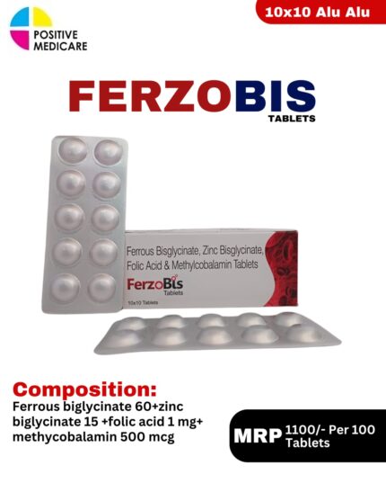 Ferzobis Tablets 10x10 Alu Alu blister pack and box containing Ferrous Biglycinate, Zinc Biglycinate, Folic Acid & Methylcobalamin Tablets by Positive Medicare.