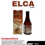 Elca Syrup 200 mL bottle and packaging box containing Calcium Carbonate, Vitamin D3, Zinc & Magnesium Suspension by Positive Medicare.