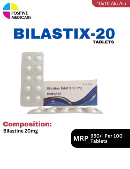 Bilastix-20 Tablets 10x10 Alu Alu blister pack and box containing Bilastine 20mg under Positive Medicare's neuro range.