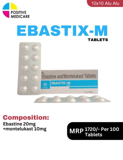Ebastix-M Tablets 10x10 Alu Alu blister pack and box containing Ebastine and Montelukast Tablets by Positive Medicare.