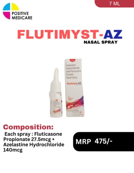 Flutimyst-AZ Nasal Spray 7 mL bottle and box containing Fluticasone Propionate and Azelastine Hydrochloride under Positive Medicare's neuro range.