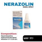 Nerazolin Nasal Spray 10 mL bottle and packaging box containing Xylometazoline Hydrochloride Nasal Solution I.P. 0.1% w/v under Positive Medicare's neuro range.