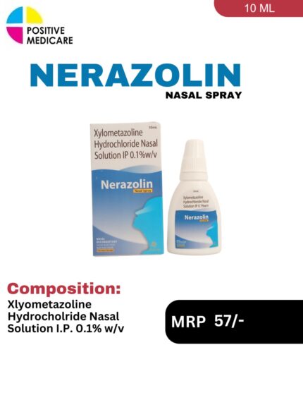 Nerazolin Nasal Spray 10 mL bottle and packaging box containing Xylometazoline Hydrochloride Nasal Solution I.P. 0.1% w/v under Positive Medicare's neuro range.