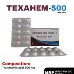 Texahem-500 Tablets 10x10 Alu Alu blister pack and box containing Tranexamic Acid 500 mg by Positive Medicare.