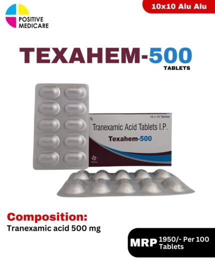 Texahem-500 Tablets 10x10 Alu Alu blister pack and box containing Tranexamic Acid 500 mg by Positive Medicare.