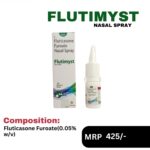 Flutimyst Nasal Spray 12 mL bottle and box containing Fluticasone Furoate by Positive Medicare.