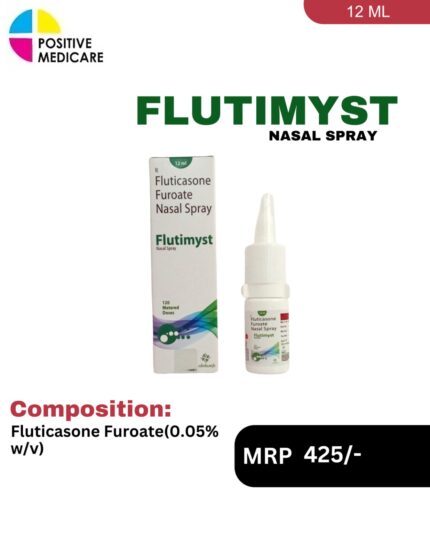 Flutimyst Nasal Spray 12 mL bottle and box containing Fluticasone Furoate by Positive Medicare.