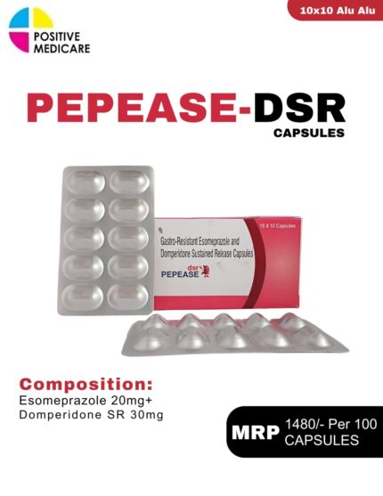 Pepease-DSR Capsules 10x10 Alu Alu blister pack and box containing Esomeprazole and Domperidone Sustained Release Capsules by Positive Medicare.