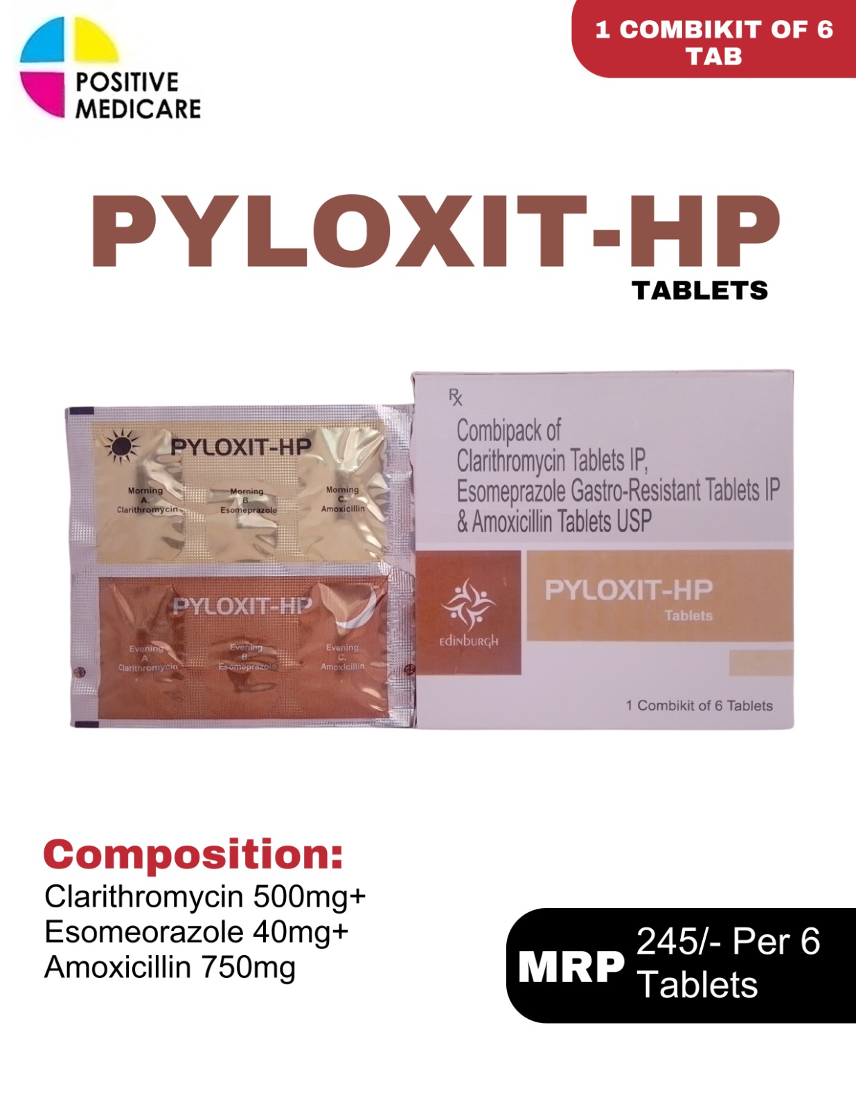 Pyloxit-HP Tablets Pyloxit-HP Tablets 1 combikit of 6 tablets containing Clarithromycin, Esomeprazole, and Amoxicillin by Positive Medicare.