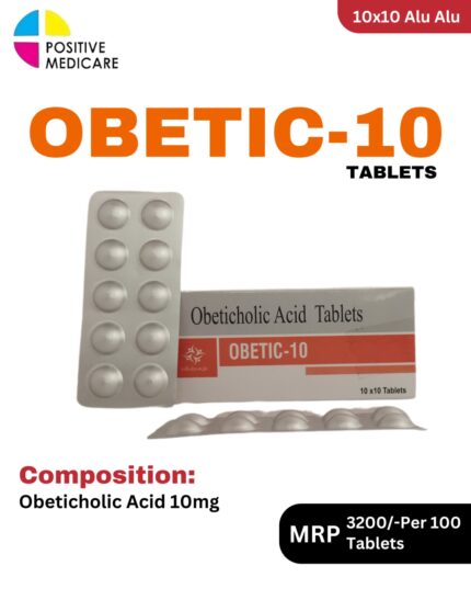 Obetic-10 Tablets 10x10 Alu Alu blister pack and box containing Obeticholic Acid 10mg by Positive Medicare.