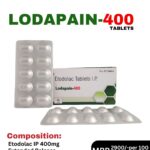 Lodapain-400 Tablets 10x10 Alu Alu blister pack and box containing Etodolac IP 400mg Extended Release by Positive Medicare.
