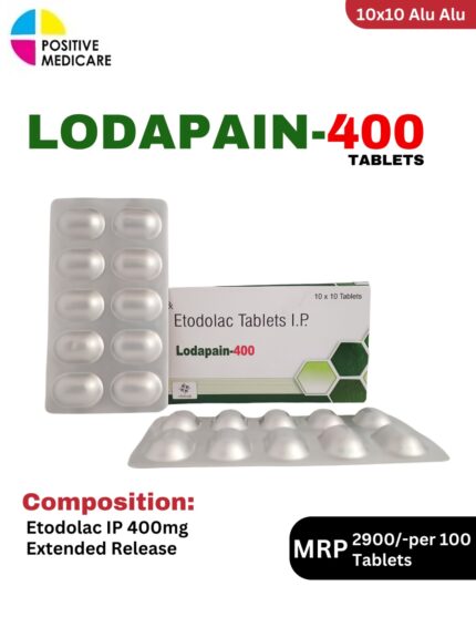Lodapain-400 Tablets 10x10 Alu Alu blister pack and box containing Etodolac IP 400mg Extended Release by Positive Medicare.