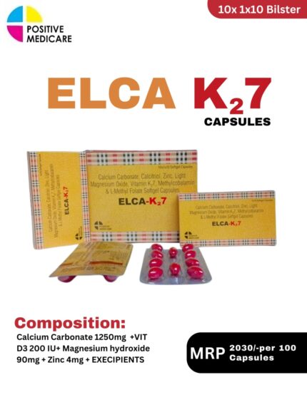 Elca-K27 Capsules 10x1x10 blister pack and packaging boxes containing neuro-range softgel capsules by Positive Medicare.