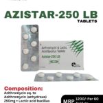 Azistar 250 LB Tablets 10x6 blister pack and box containing Azithromycin 250mg and Lactic Acid Bacillus by Positive Medicare.