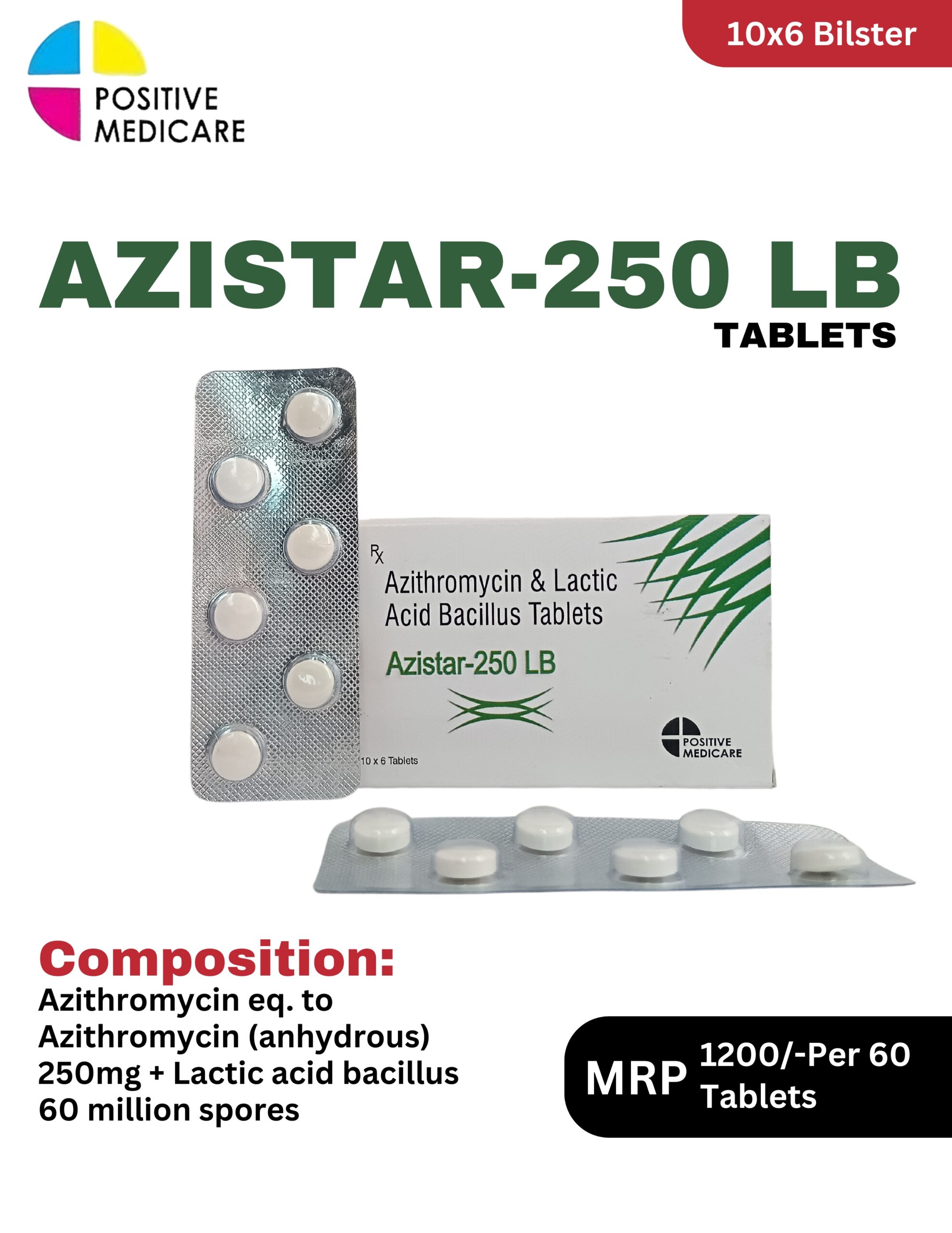 Azistar 250 LB Tablets 10x6 blister pack and box containing Azithromycin 250mg and Lactic Acid Bacillus by Positive Medicare.