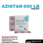 Azistar-500 LB Tablets 10x3 blister pack and box containing Azithromycin 500mg and Lactic Acid Bacillus by Positive Medicare.