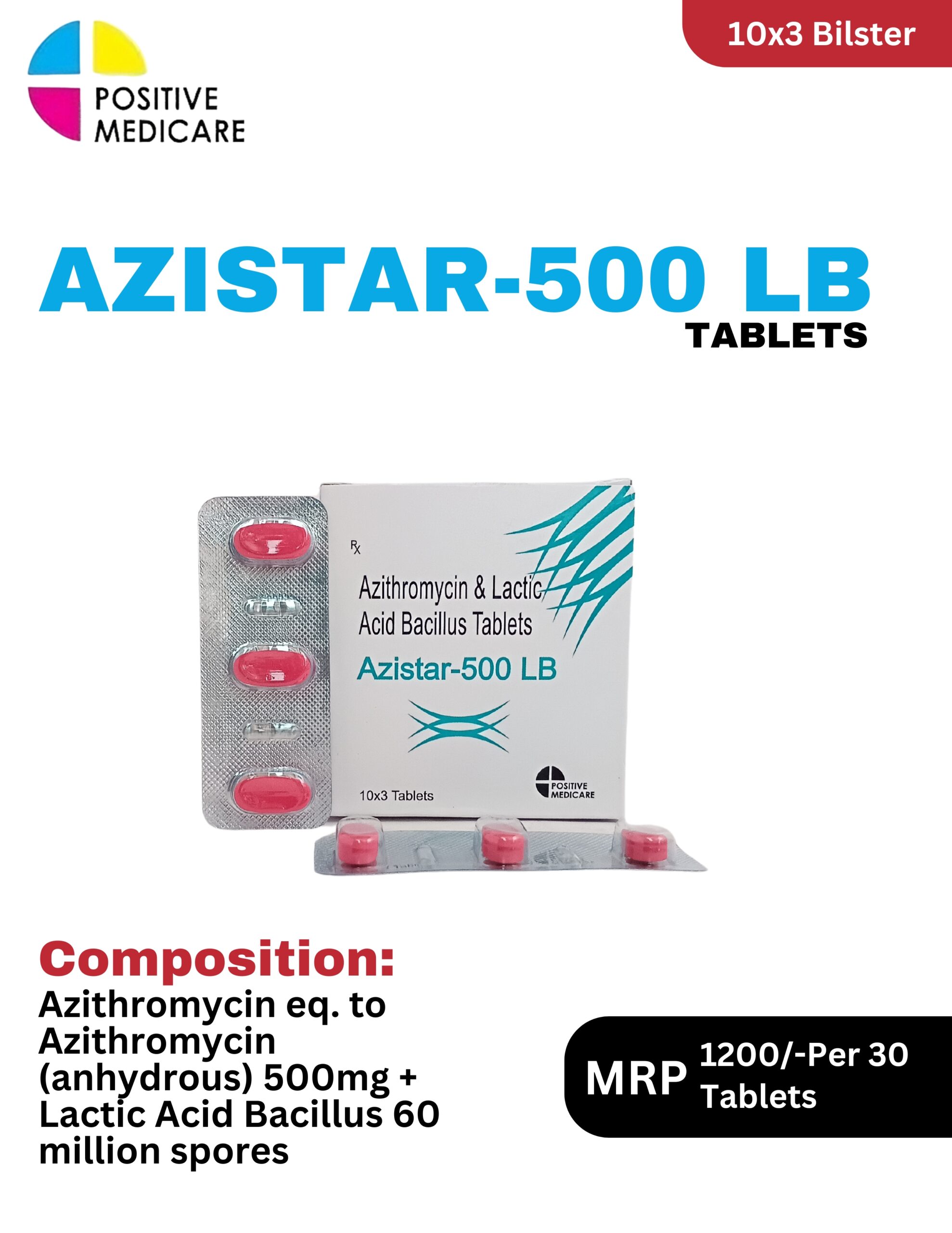 Azistar-500 LB Tablets 10x3 blister pack and box containing Azithromycin 500mg and Lactic Acid Bacillus by Positive Medicare.