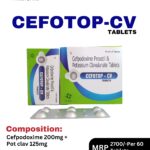 Cefotop-CV Tablets 10x1x6 Alu Alu blister pack and box containing Cefpodoxime and Potassium Clavulanate by Positive Medicare.