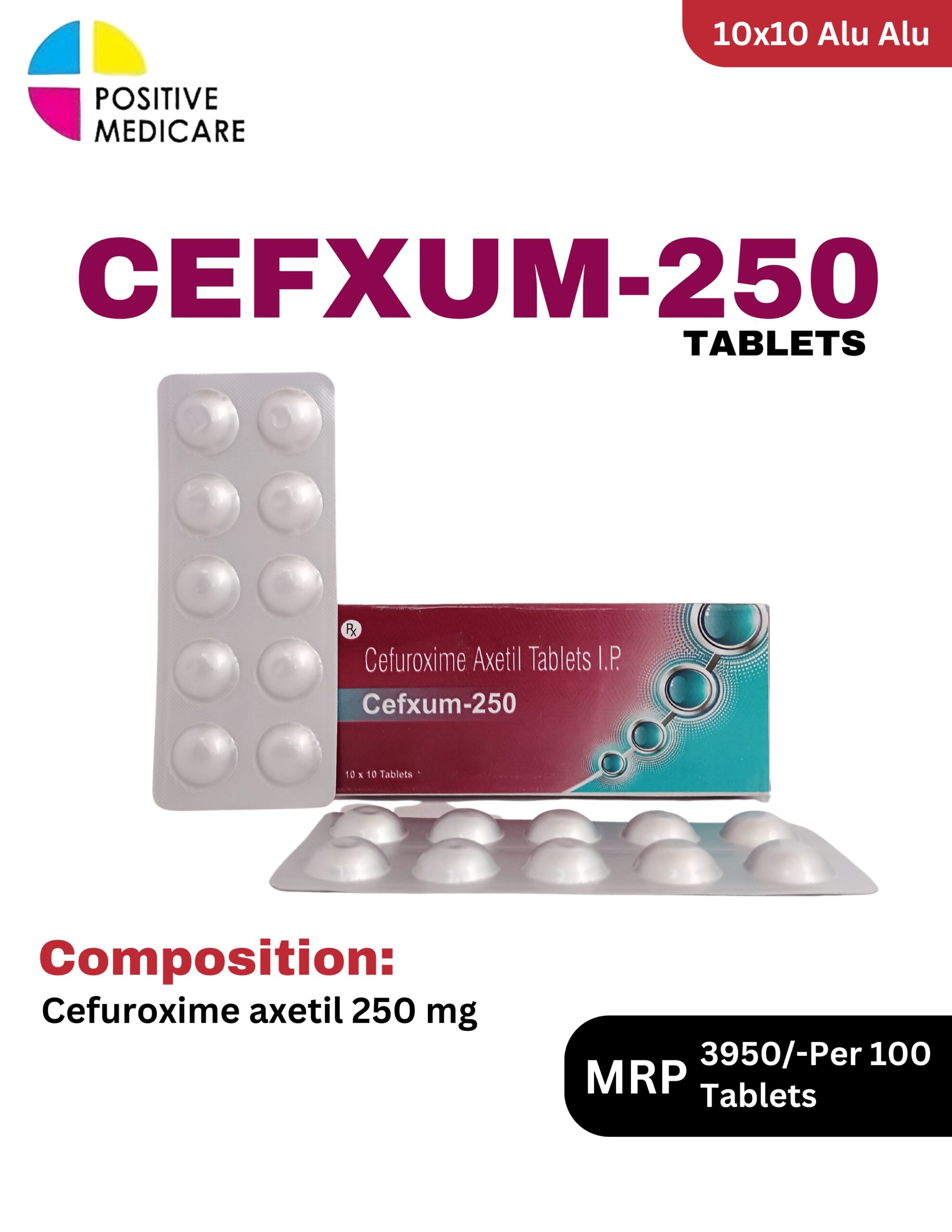 Cefxum 250 Tablets 10x10 Alu Alu blister pack and box containing Cefuroxime Axetil 250 mg by Positive Medicare.