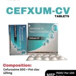 Cefxum-CV Tablets 10x10 Alu Alu blister pack and box containing Cefuroxime Axetil 500mg and Potassium Clavulanate 125mg by Positive Medicare.