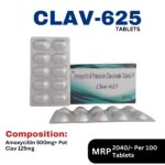 Clav-625 Tablets 10x10 Alu Alu blister pack and box containing Amoxicillin 500mg and Potassium Clavulanate 125mg by Positive Medicare.