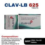 CLAV-LB 625 Tablets 10x1x6 Alu Alu blister pack and box containing Amoxicillin, Clavulanic Acid, and Lactic Acid Bacillus by Positive Medicare.
