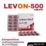 Levon-500 Tablets 10x10 blister pack and box containing Levofloxacin 500mg by Positive Medicare.