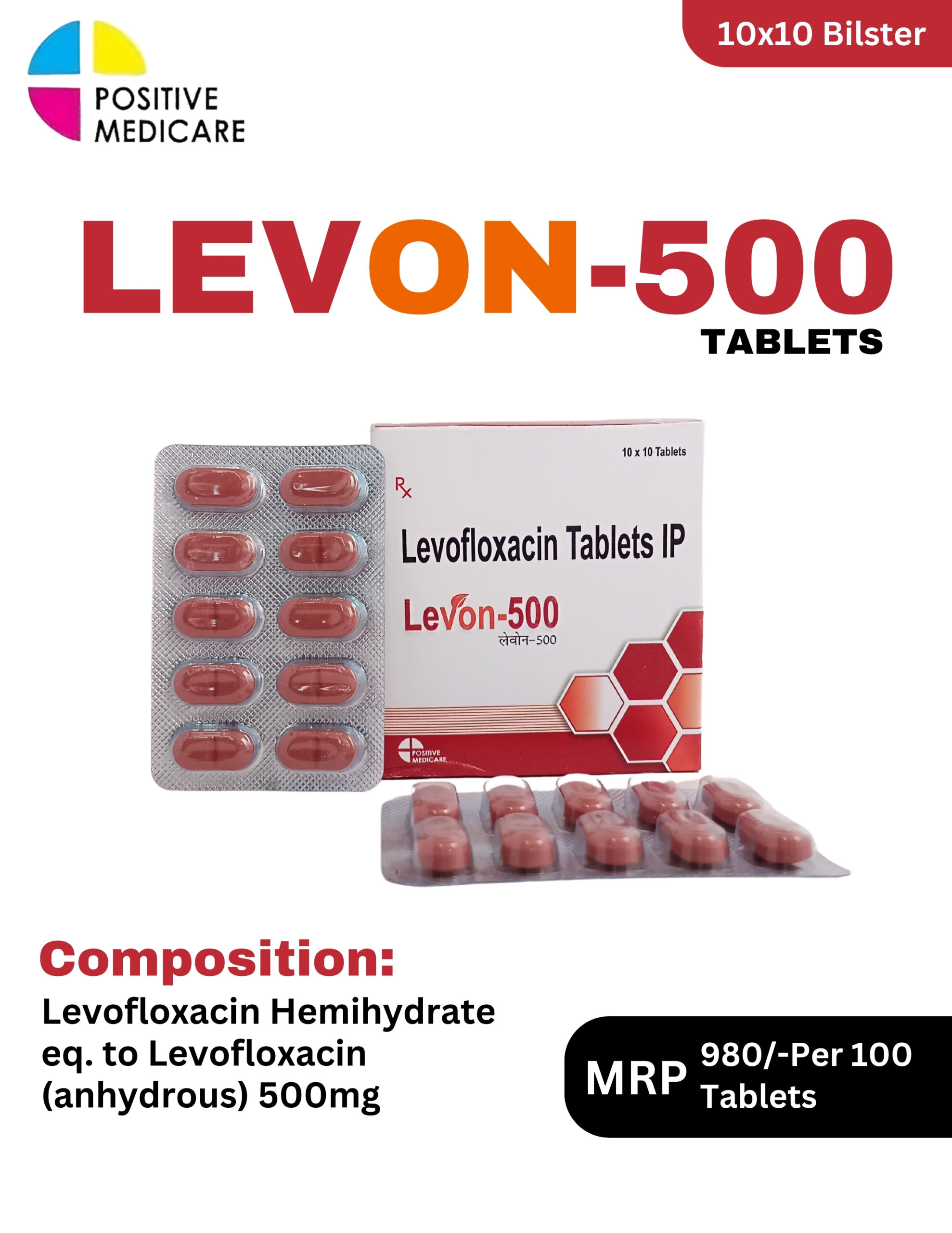 Levon-500 Tablets 10x10 blister pack and box containing Levofloxacin 500mg by Positive Medicare.