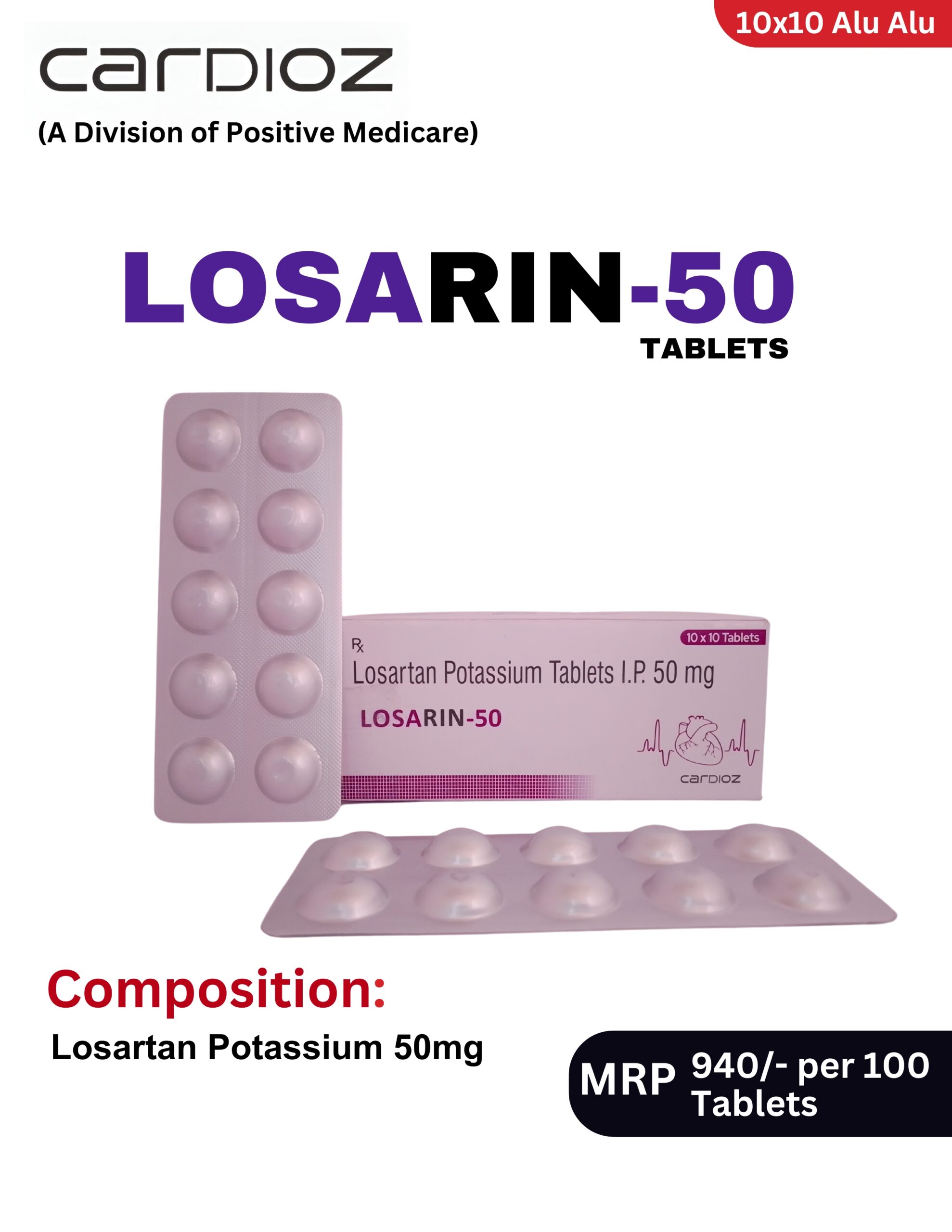 LOSARIN 50 Tablets 10x10 Alu-Alu blister pack and box containing Losartan Potassium Tablets I.P. 50 mg by Positive Medicare.