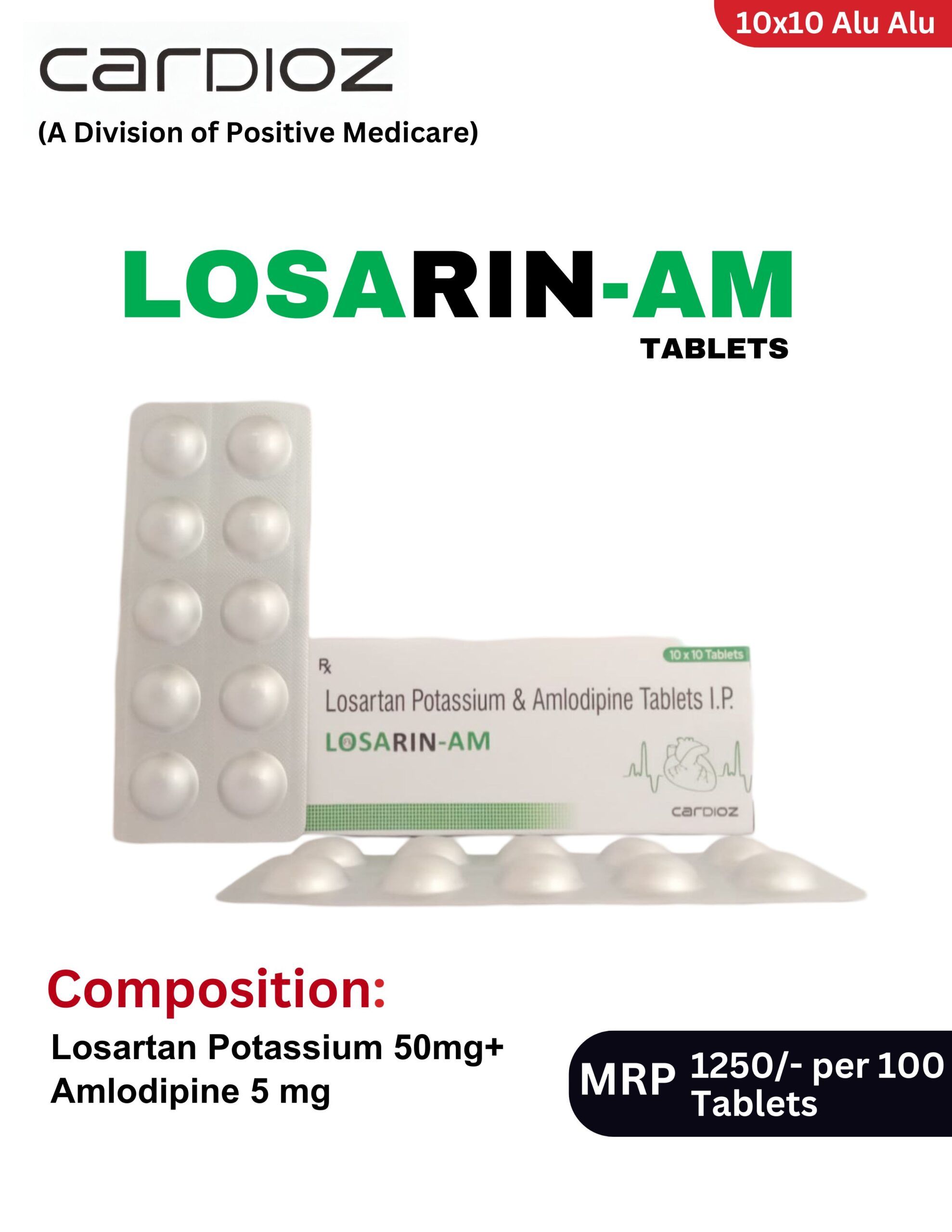 LOSARIN -AM Tablets 10x10 Alu-Alu blister pack and box containing Losartan Potassium 50 mg and Amlodipine 5 mg by Positive Medicare.