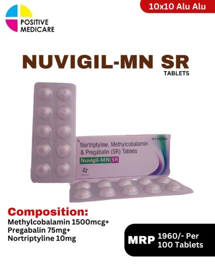 Nuvigil-MN SR Tablets 10x10 Alu Alu blister pack and box containing Methylcobalamin, Pregabalin, and Nortriptyline by Positive Medicare.